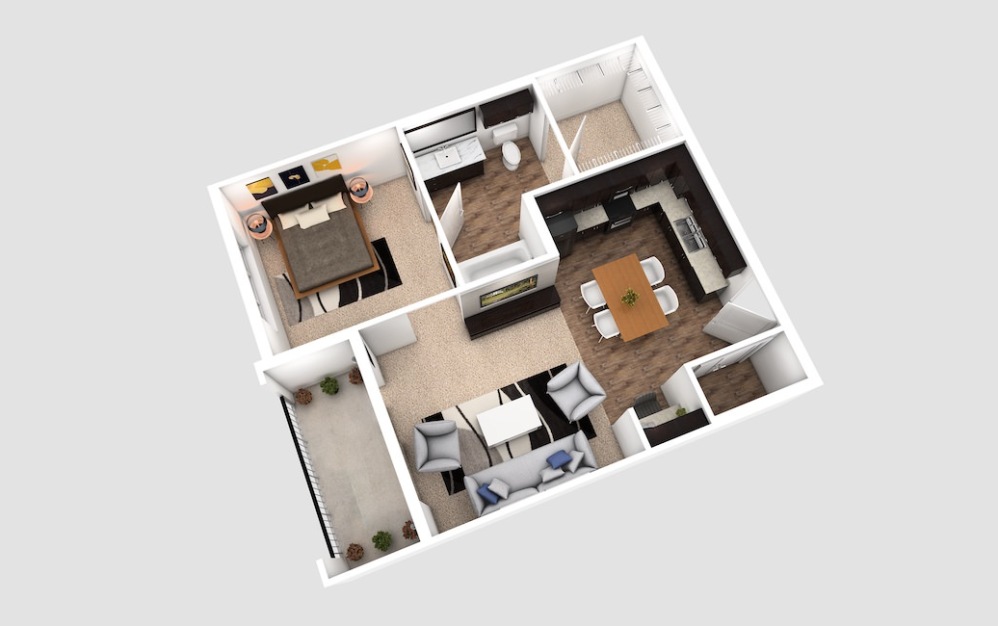 A1 - 1 bedroom floorplan layout with 1 bathroom and 680 square feet (3D)